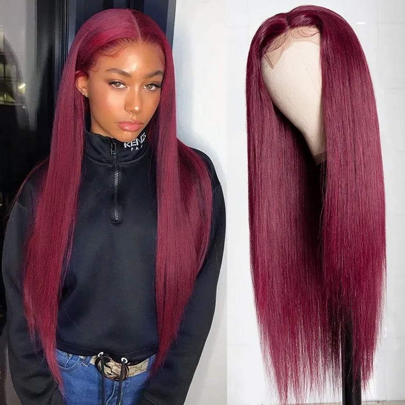 Beauty Forever Hand Tied T Part Lace Wig Human Hair Lace Part Wigs Long Straight Hair 24inch 99J Color Middle Part 150% Density For Black Women Beauty Forever Store