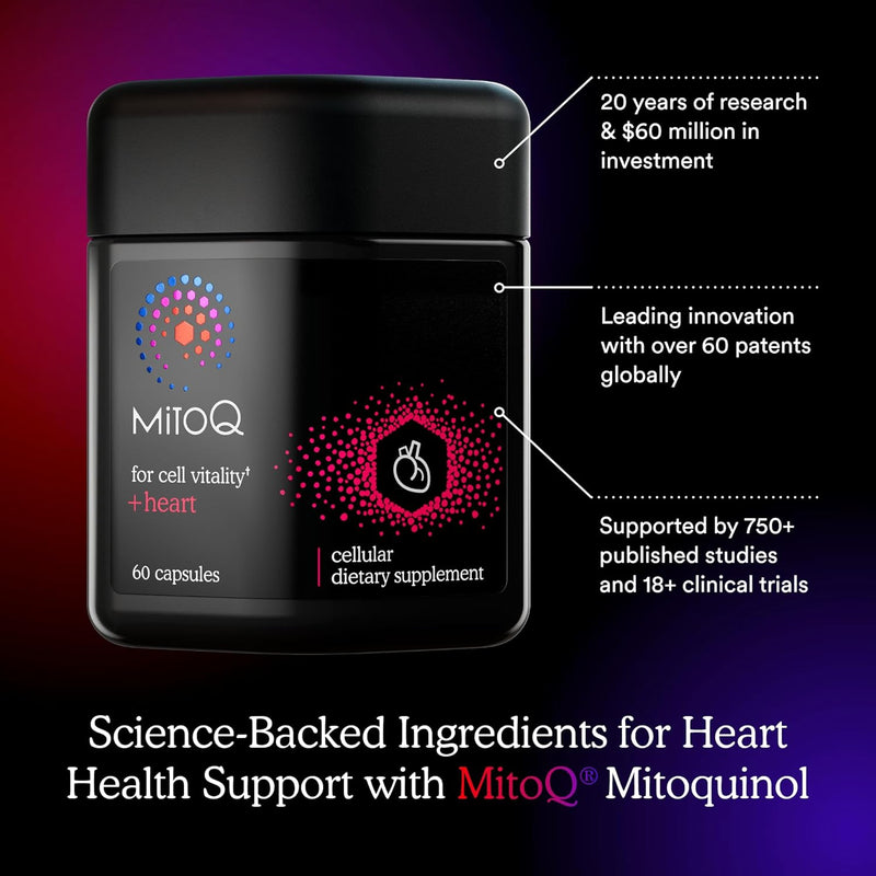 MitoQ +Heart Premium CoQ10 Antioxidant - Contains Mitoquinol Mesylate, Magnesium, L-Carnitine & Vitamin D3 - Supports Cardiovascular and Circulatory Health, & Cell Vitality (60 Capsules) Infinity Warehouse