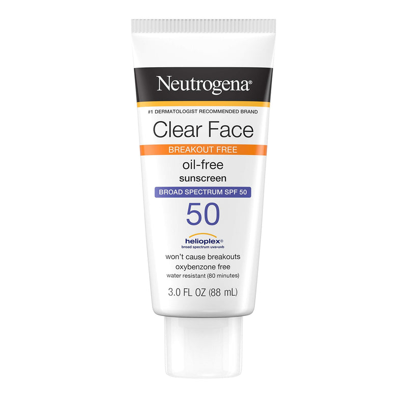 Neutrogena Clear Face Liquid Lotion Sunscreen for Acne-Prone Skin, Broad Spectrum SPF 50 UVA/UVB Protection, Fragrance & Oxybenzone Free Facial, Non-Comedogenic, Unscented, 3 Fl Oz Neutrogena
