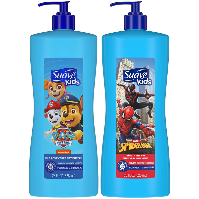 Suave Kids 3-in-1 Variety 2-Pack – Spiderman Fresh Spider-Sense & Paw Patrol Adventure Bay Breeze, Shampoo, Conditioner & Body Wash, 28 Oz Ea Infinity Warehouse