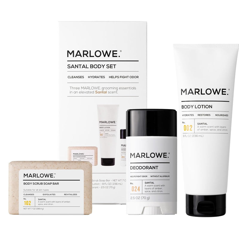 MARLOWE. Men's Grooming Santal Body Set, Features No. 102 Scrub Soap Bar, No. 024 Deodorant & No. 002 Body Lotion, Warm Amber, Sandalwood & Citron Scent Infinity Warehouse