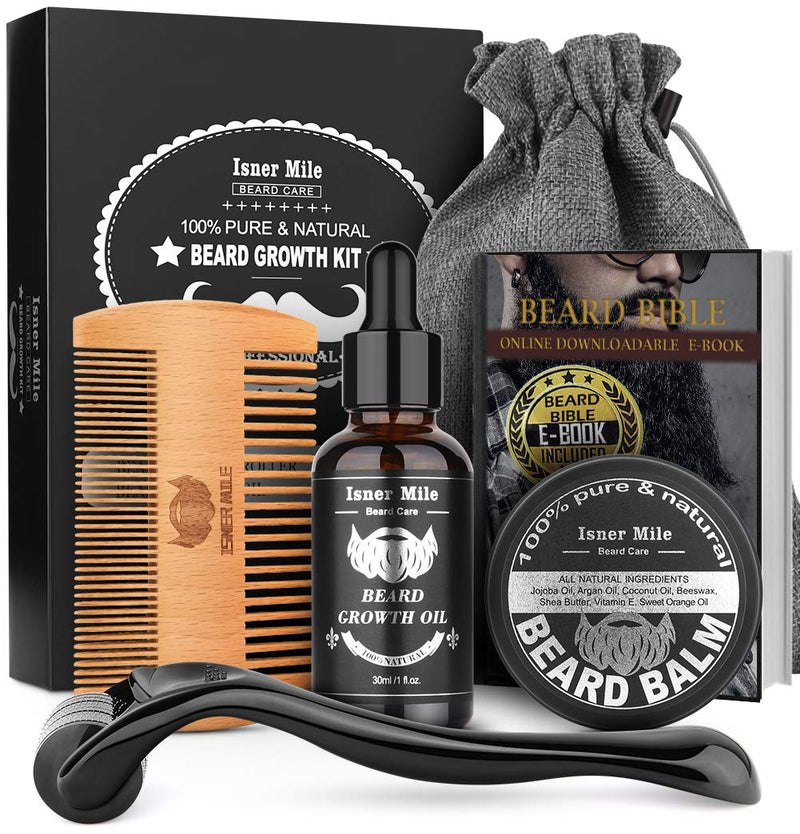 Beard Growth Kit, Derma Roller Kit, Natural Beard Growth Oil for Patchy Beard, Beard & Mustache Facial Hair Growth, Conditioner Balm, Handmade Comb, Storage Bag, Gifts for Men Him Dad Father Boyfriend ISNER MILE