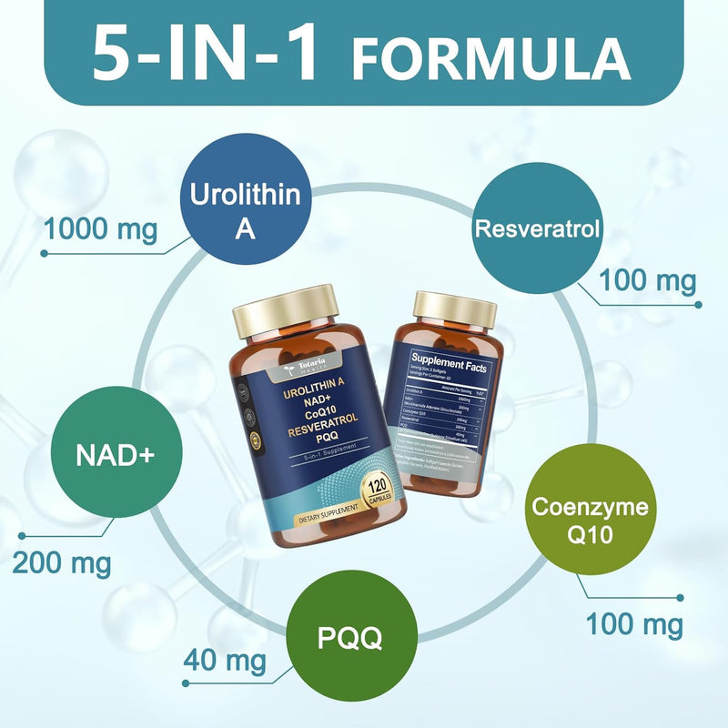 Urolithin A Supplement 1000mg with NAD+,CoQ10,Resveratrol,PQQ Supplement for Men Women 120 Softgels for Muscle Energy Antioxidants High Bioavailability Infinity Warehouse
