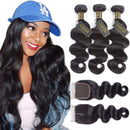 QTHAIR 12a Grade Brazilian Body Wave Human Hair Bundles with Closure(12" 14" 16"+10",3 Bundles+Middle Part Closure)130% Density Swiss Lace Closure with Brazilian Virgin Hair Weave QTHAIR