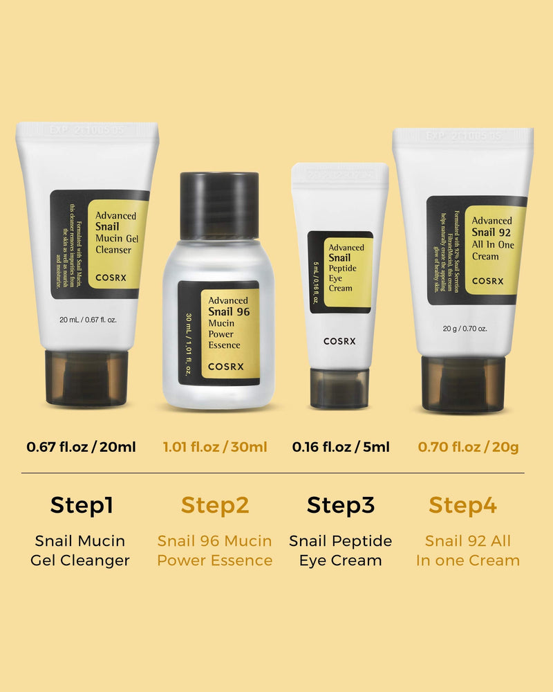 COSRX All About Snail Korean Skincare | TSA Approved Travel Size, Gift Set |Cleanser, Essence, Cream, Eye-cream | Snail Mucin for Repairing, Recovering, Rejuvenating COSRX