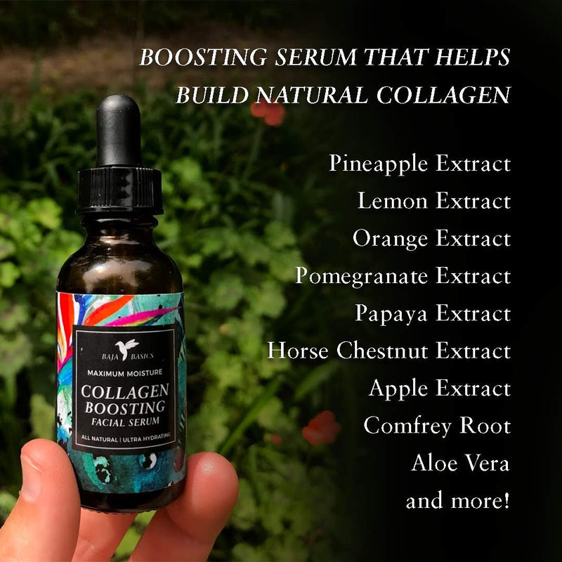 Collagen Boosting Facial Serum by Baja Basics 100% Natural Skincare, Clean Beauty, Anti Aging, Vitamin C, Deep Hydration for Dry Skin, Antioxidants, Collagen Building, Face Moisturizer 1oz Baja Basics