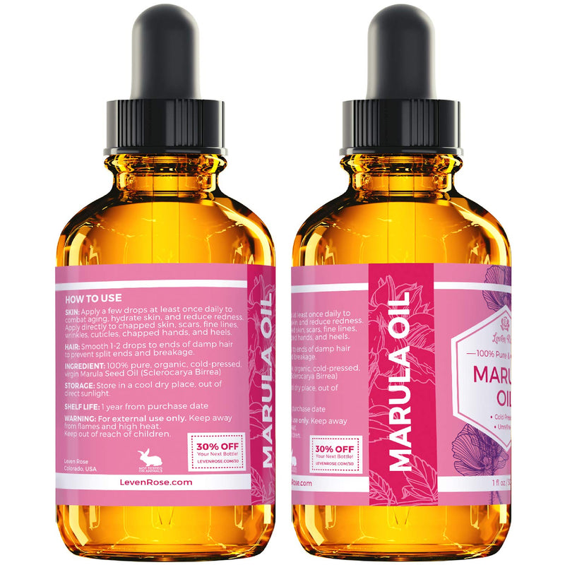 Marula Oil by Leven Rose Pure Organic, Extra Virgin, Cold Pressed, All Natural Face, Dry Skin and Body Moisturizer and Damaged Hair Treatment 1 oz Leven Rose