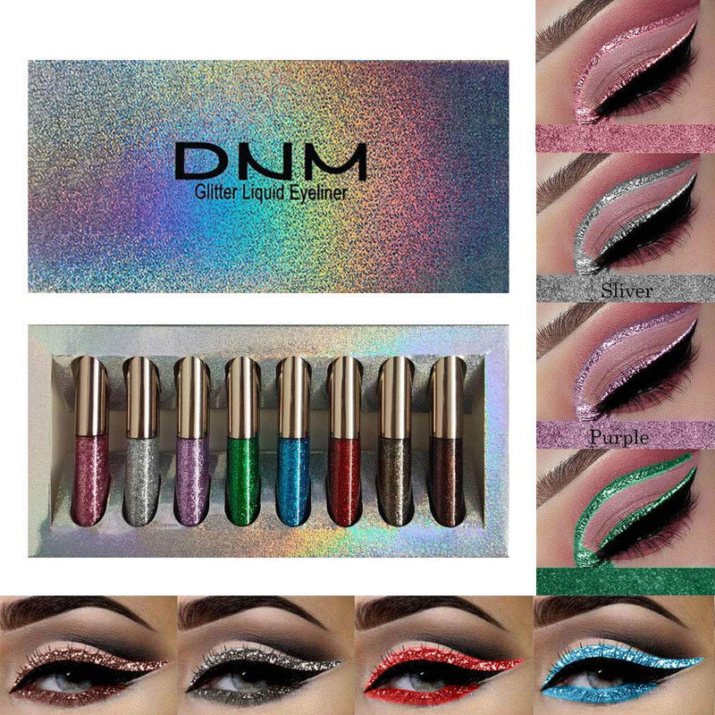 DNM Liquid Glitter Eyeliner Set,8 Colors Glitter Silver Liquid Eyeliner Long Lasting Waterproof, Shimmer Sparkling Blue Metallic Colorful Eyeliner Kit, High Pigmented Brighten Eye Liner(Set 03) DNM