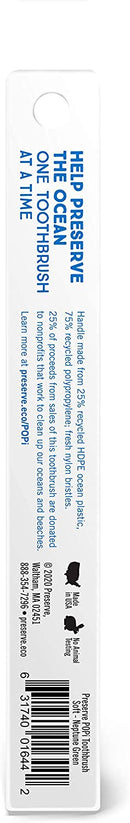 Preserve Ocean Plastic Initiative (POPI) Adult Toothbrush, Made in USA from Recycled Ocean Plastic, Neptune Green, Soft, 6 Count Preserve Store