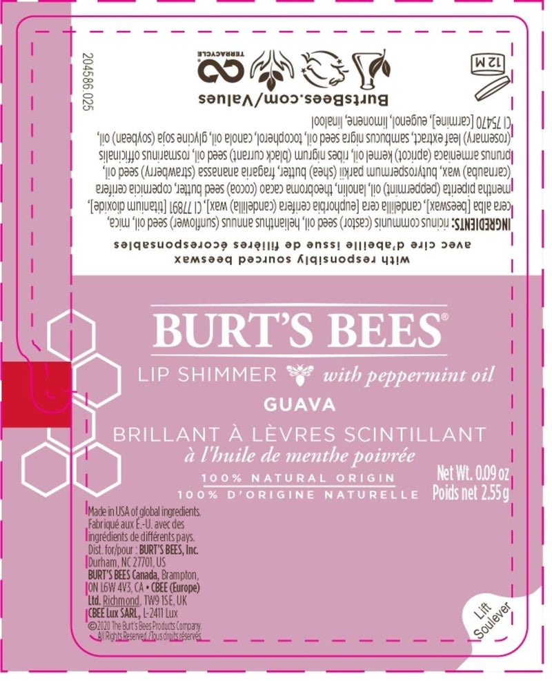 Burt's Bees 100% Natural Moisturizing Lip Shimmer, Guava, 1 Tube Burt's Bees