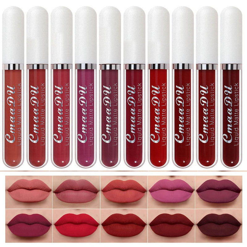 evpct 10Pcs Waterproof Liquid Matte Matt Lipsticks Set Matt Liquid,CmaaDU Dark Red 24 Hour Long Lasting Matte Lipstick Lip Stain Gloss Makeup Sets for Women Lippies labiales matte larga duracion 24 15 evpct