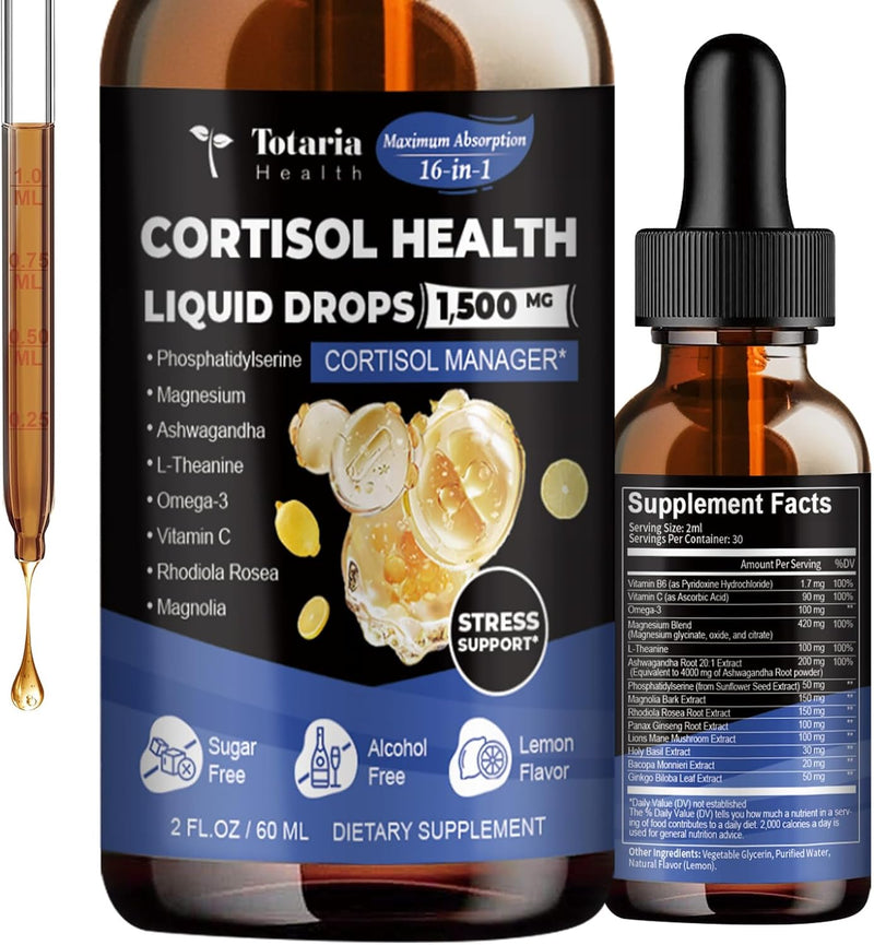 cortisol Supplement Liquid Drops Hormone Balance for Women Men with Magnesium Complex,Ashwagandha,Rhodiola Rosea,L Theanine,Phosphatidylserine Supplements Mood, Focus, Sleep Support 2 FL.OZ Infinity Warehouse