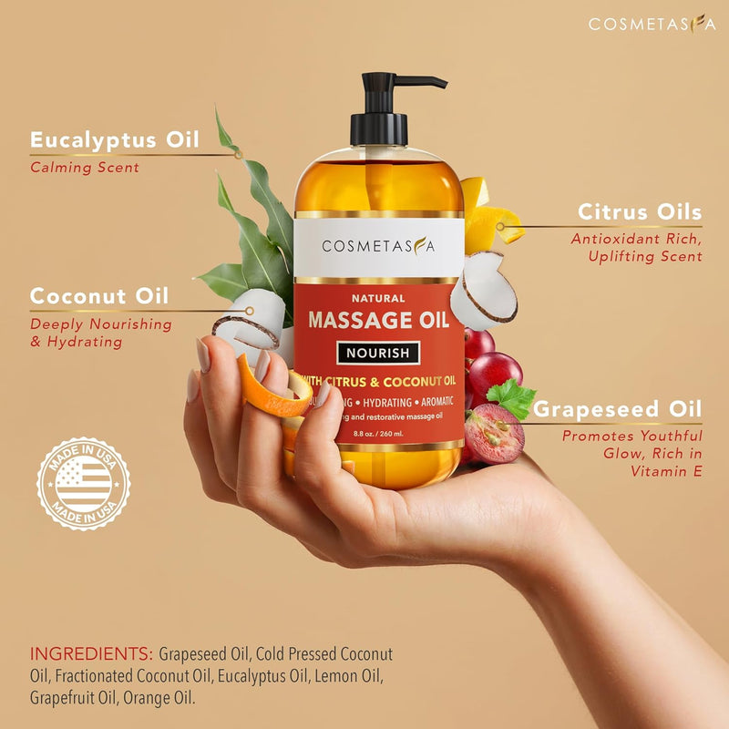 Cosmetasa Luxury Spa Gift Set for Women & Men - Relaxation Lavender Massage Oil, Citrus Coconut Massage Oil, Arnica Sore Muscle Massage Oil with Hot Stones, Roller Ball and Thumb Saver Massage Tools
