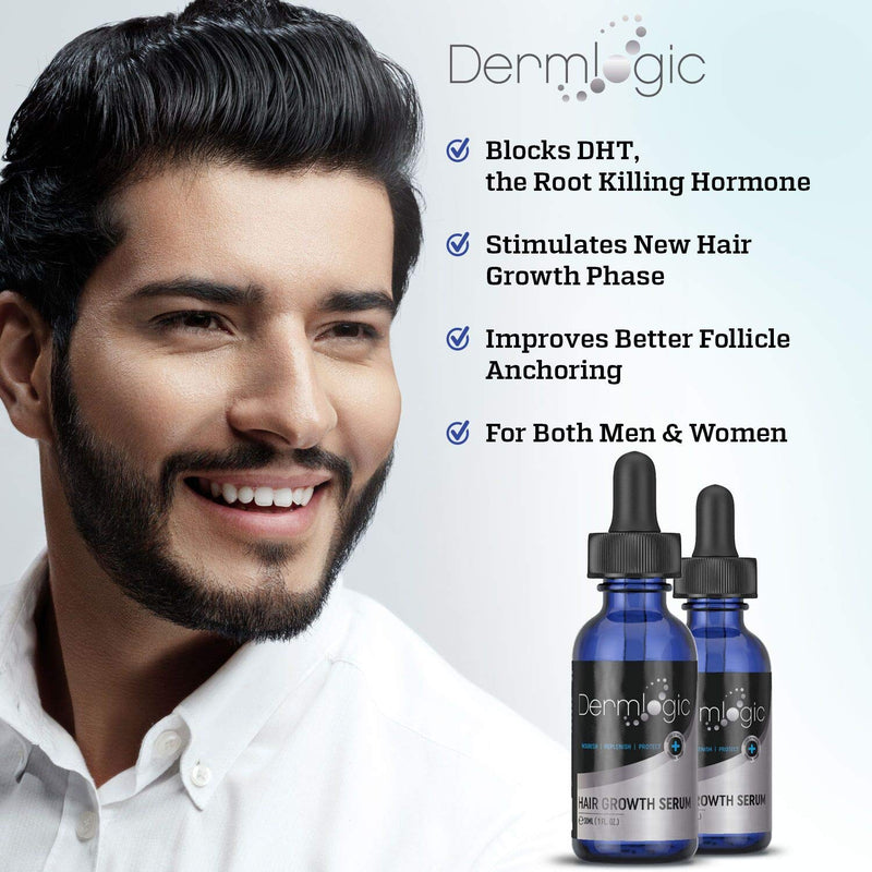 Hair Growth Serum-Extra Strength DHT Blocker - Stimulates & Repairs New Follicle Regrowth. Grow Stronger, Thicker, Fuller, Longer, Healthier Hair. For Men & Women with No Side Effects. Dermlogic
