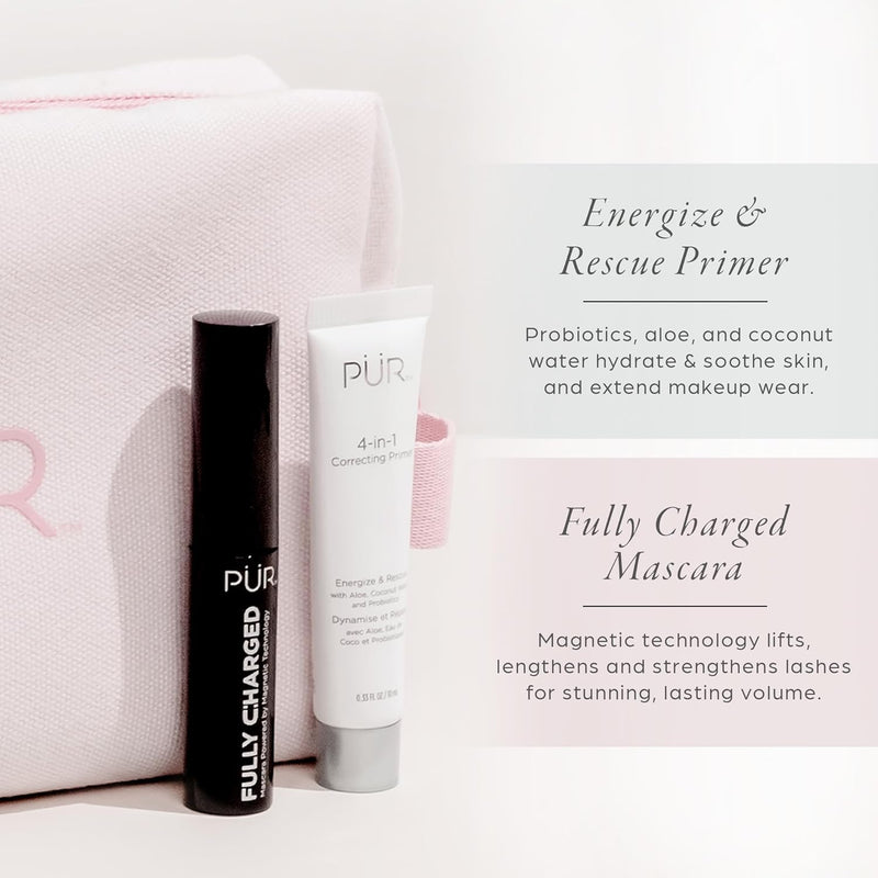 PÜR Minerals Multitasking Essentials Kit - Makeup Gift Set Includes 4-in-1 Correcting Primer, Fully Charged Mascara, 4-in-1 Pressed Mineral Powder & 1 Chisel Brush Infinity Warehouse