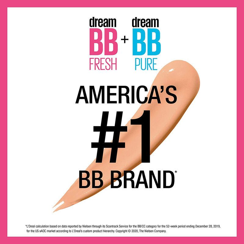 Maybelline Dream Fresh Skin Hydrating BB cream, 8-in-1 Skin Perfecting Beauty Balm with Broad Spectrum SPF 30, Sheer Tint Coverage, Oil-Free, Light, 1 Fl Oz Maybelline New York