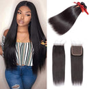 ALLRUN Brazilian Straight Virgin Hair 3 Bundles with Closure Free Part 4×4 Lace Closure with Bundles 100% Virgin Human Hair Extensions (12 14 16+10 Free Part) ALLRUN Store