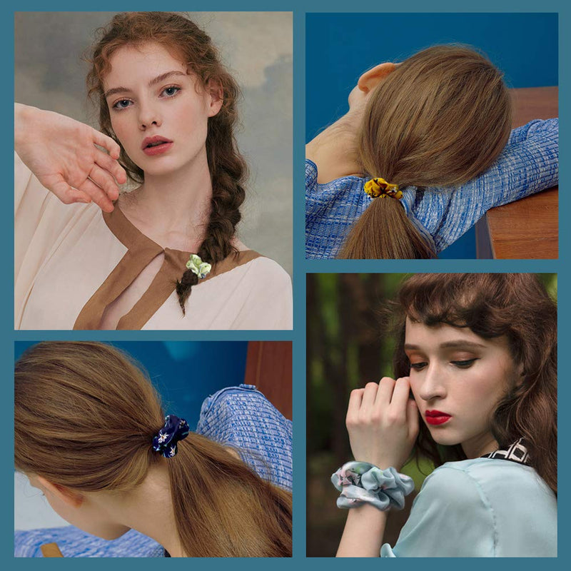 30 Pcs Chiffon Flower Hair Scrunchies and 50Pcs Black Elastic Hair Bands Soft Cotton Scrunchies Design Printed Flower Hair Ties for Women or Girls Hair Accessories with Gift Bag Yanwenx
