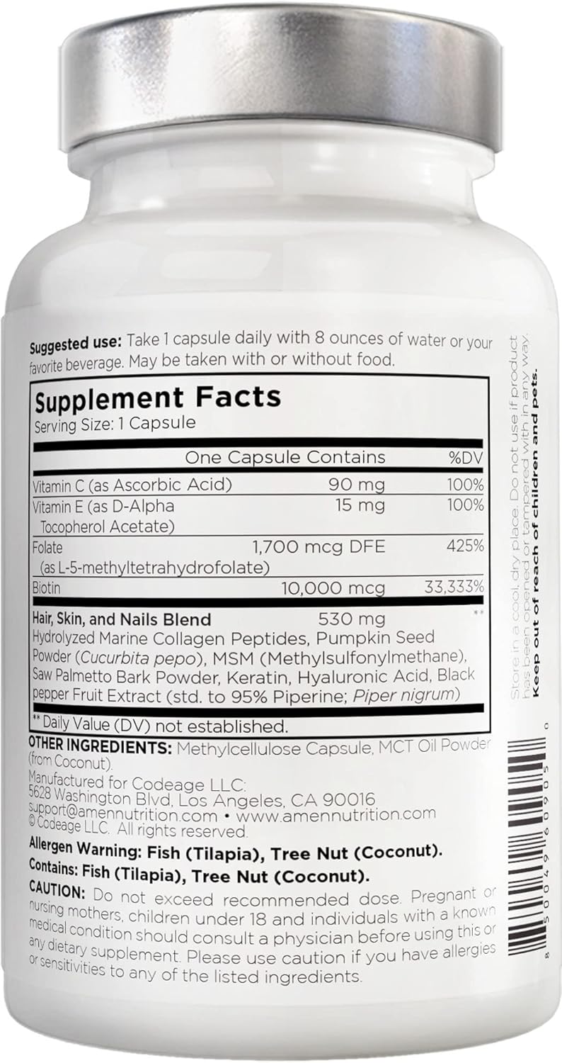Amen Biotin Collagen Vitamins+ 10,000 mcg Biotin Supplement - Hydrolyzed Collagen, Vitamins C & E, Folate, Hyaluronic Acid, Keratin, MSM, Saw Palmetto - 3-Month Supply - Non-GMO - 90 Capsules Infinity Warehouse