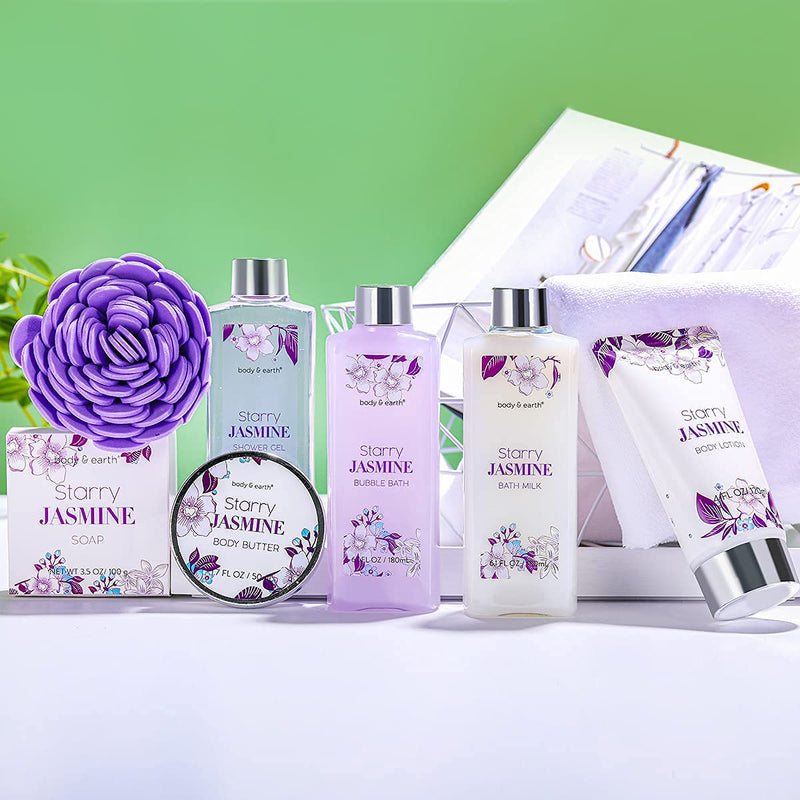 Gift Set for Women - Spa Gift Baskets for women Body & Earth 11 Pcs Jasmine Scented Women Bath Set Gift Basket with Bubble Bath, Shower Gel, Body Lotion & Scrub and More, Valentines Gifts for Women BODY & EARTH