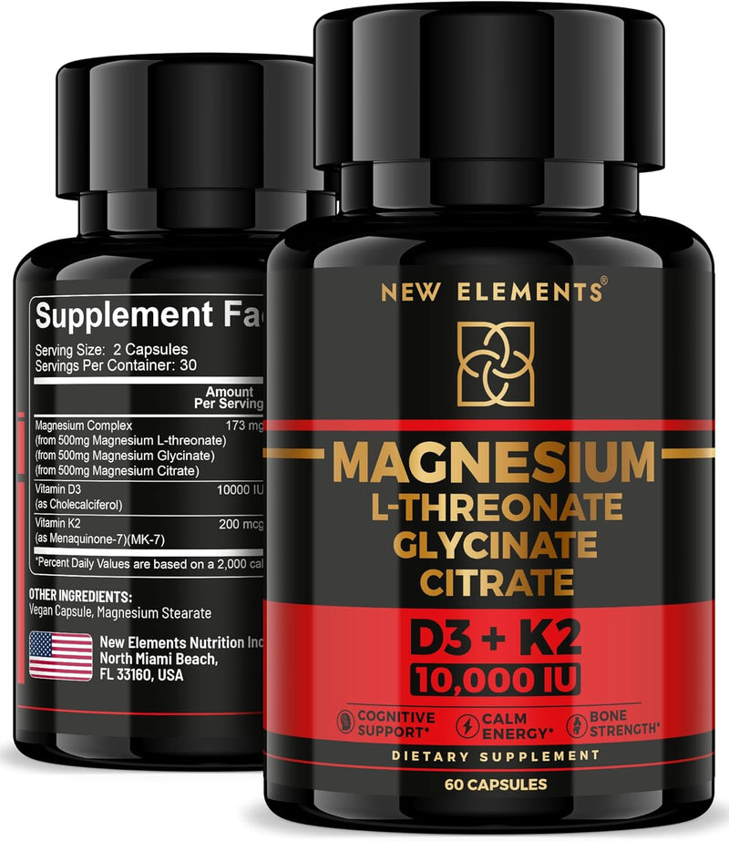 Magnesium Complex L-Threonate, Glycinate, Citrate with Vitamin D3 10,000 IU & K2 MK-7 – Brain, Bone & Immune Support – 60 Vegan Capsules – High Absorption, Non-GMO Infinity Warehouse