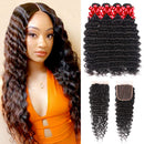 Brazilian Virgin Hair Deep Wave Bundles with Closure 100% Unprocessed Human Hair 3 Bundles with 4x4 Lace Closure Wet and Wavy Bundles with Closure Can Be Dyed and Bleached (18 20 22 24+16) RECIFEYA Store