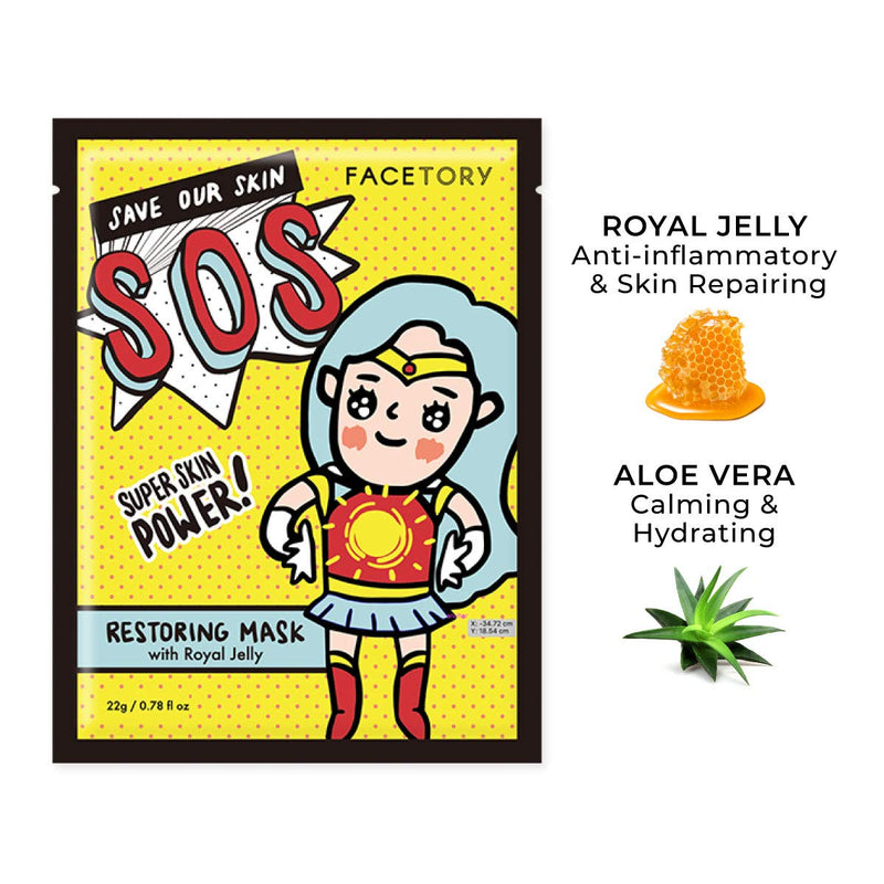 FaceTory SOS Restoring Sheet Mask with Royal Jelly - Soft Sheet Mask, For Oily, Combo, Dry, and Acne-prone skin - Soothing, Calming, Moisturizing Face Mask (Pack of 10) FACETORY