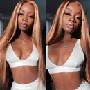 UNice Ombre Highlight Lace Front Human Hair Wig Brown Blonde Mixed Color, Brazilian Remy Straight Hair 13x4 Lace Frontal Wig Pre Plucked with Baby Hair for Women 150% Density (18inch) UNICE Store