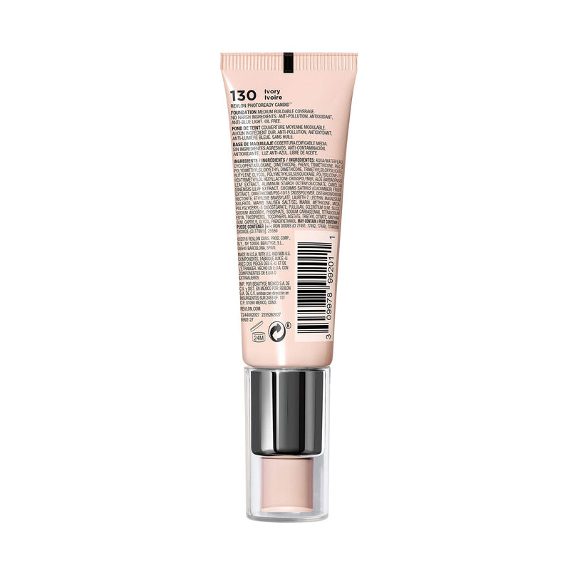 Revlon PhotoReady Candid Natural Finish Foundation, with Anti-Pollution, Antioxidant, Anti-Blue Light Ingredients, 130 Ivory, 0.75 fl. oz. REVLON