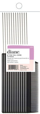 Diane Pin Tail Combs – Set of 12 – Fine Tooth Comb and Hair-Cutting, Styling Tool for Women, Men, Hair Stylists, Barbers with Long Thin Metal Handle, Black, 8.25 Inches, D4101 Diane