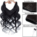 20 Inches Hidden Crown Human Hair Extensions One piece Secret Fish Line Wire In Hairpiece With Transparent Invisible Rubber Band Long Wavy Curly No Clips No Glue For Women