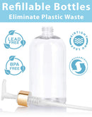 16 oz / 500 ml Clear Plastic PET Boston Round Bottle (BPA Free) with (12 pack, Gold Lotion Pump) JUVITUS