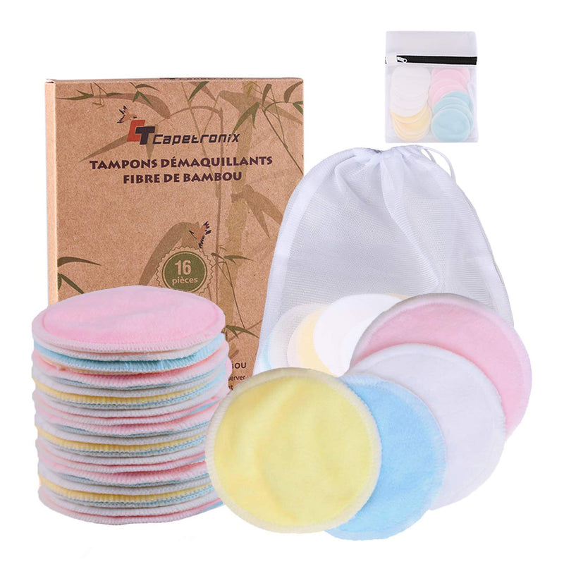 Reusable Makeup Remover Pads| Bamboo Fiber Organic Cotton Pads Face| Face Cleaner and Eyes Make Up Remover Pads Zero Waste Washable| for All Skin Types | 1 Laundry Bag+1 Storage Bag| 16 Pcs CT CAPETRONIX