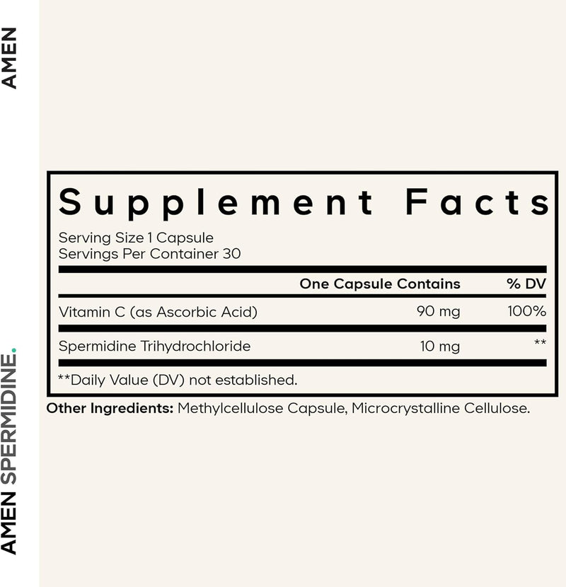 Amen Spermidine Supplement - Spermidine Trihydrochloride Pills with Vitamin C Ascorbic Acid - Only 1 Capsule Per Serving - Vegan, Non-GMO, Gluten-Free - 30 Capsules Infinity Warehouse