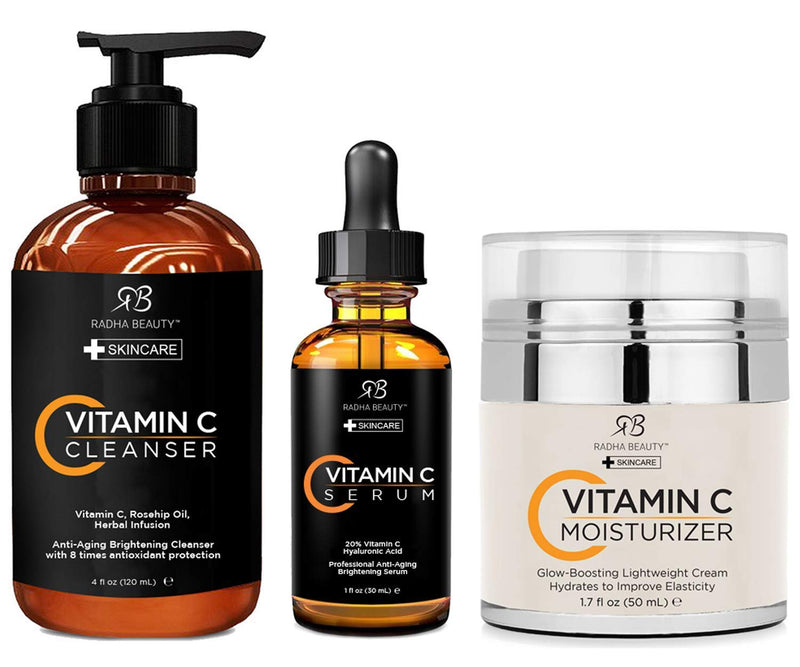 Radha Beauty Vitamin C Complete Facial Care Kit - 3-in-1 Anti-Aging Set with Cleanser, Serum, and Moisturizer for Wrinkles, Dark Spots, and Acne. Day & Night Brightening Skincare Gift Set Radha Beauty Store