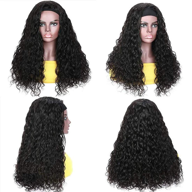 Beauty Forever Headband Human Hair Wig Water Wave Glueless Human Hair Wigs With Pre-attached Scarf Non Lace Front Wigs for women Natural Color 200% Density 20 Inch Beauty Forever Store