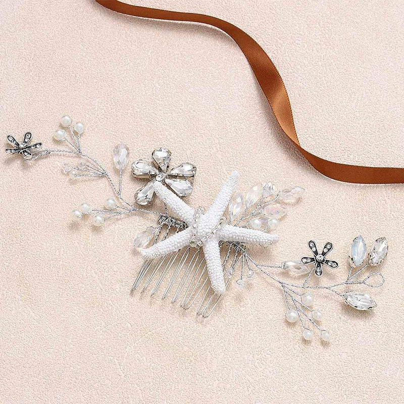 Yean Starfish Bride Wedding Hair Comb Sliver Crystal Beach Bridal Hair Piece Flower Hair Accessories for Women and Girls Yean