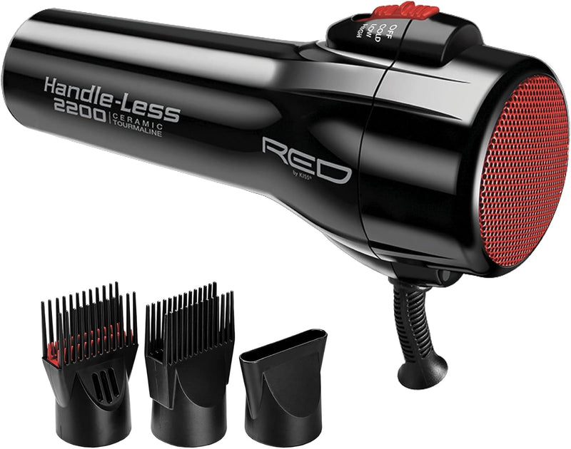 RED by Kiss Handle-Less 2200W Ceramic Tourmaline Hair Dryer, 3 Heat Settings, Pro Blow Dryer with Comb Attachment, Ionic for Frizz-Free Shine, Detangler & Straightening for 4C Infinity Warehouse