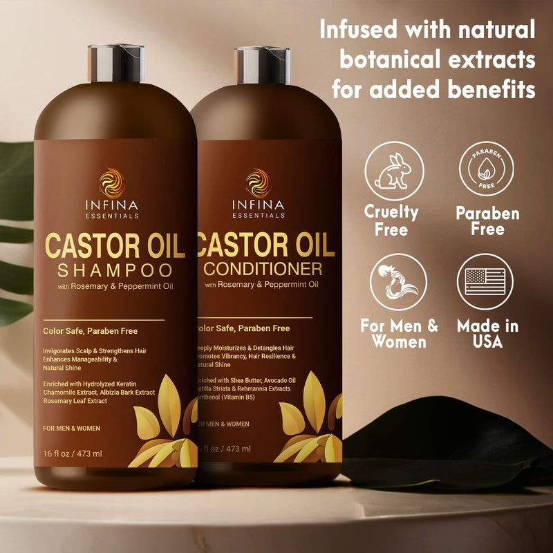 Castor Oil Shampoo and Conditioner Set for Hair Growth with Rosemary & Peppermint Oil - Cleanse Hair, Strengthen & Shine with Castor Shampoo and Conditioner - Anti-Hair Loss for Men & Women - 16 fl oz Infinity Warehouse