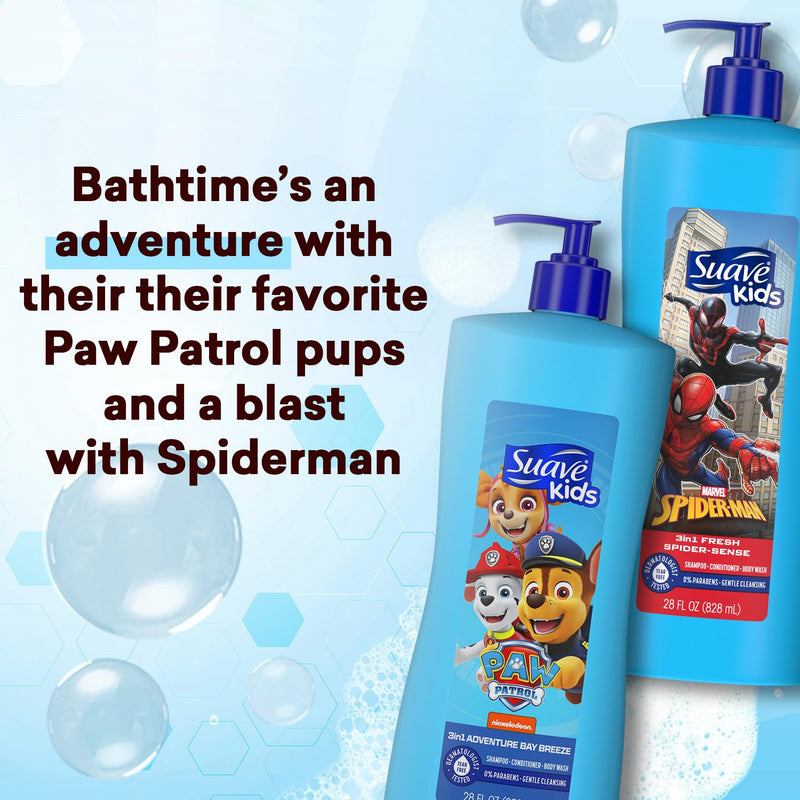 Suave Kids 3-in-1 Variety 2-Pack – Spiderman Fresh Spider-Sense & Paw Patrol Adventure Bay Breeze, Shampoo, Conditioner & Body Wash, 28 Oz Ea Infinity Warehouse