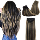 GOO GOO Remy Human Hair Extensions Clip in Balayage Natural Black to Light Blonde 14 inch 7pcs 120g Real Hair Extensions Clip in Natural Hair Extensions Silky Straight GOO GOO Store