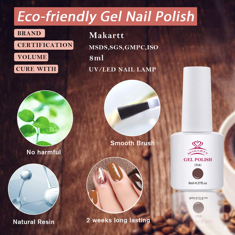 Makartt Gel Nail Polish Kit - 6 Brown Gel Polish Kit Chocolate Gel Nail Kit Glossy Base Coat Top Coat Autumn Winter Nail Polish 8ML Soak Off UV Nail Gel Fall Gel Polish Gift for Women Beauty Gift Sets Makartt