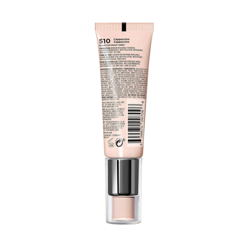 Revlon PhotoReady Candid Natural Finish Foundation, with Anti-Pollution, Antioxidant, Anti-Blue Light Ingredients, 510 Cappuccino, 0.75 fl. oz. REVLON