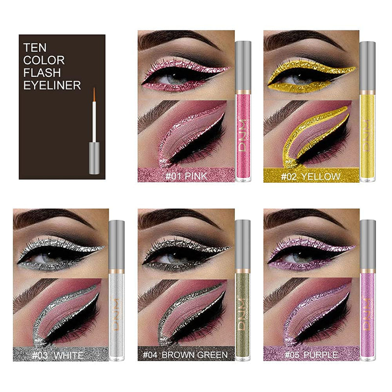 10 Colors Glitter Sparkle Sparkly Sparkling Eyeliner Liquid Makeup Set delineadores de colores,DNM Liquid Glitter Eyeliner Colorful Set Gold Silver white Red Shimmer Liquid Eyeliner Liner for Eyes 04 DNM