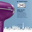 Conair Hair Dryer, Worldwide Travel Hair Dryer with Smart Voltage Technology and Folding Handle, Includes Diffuser and Concentrator, Purple Infinity Warehouse