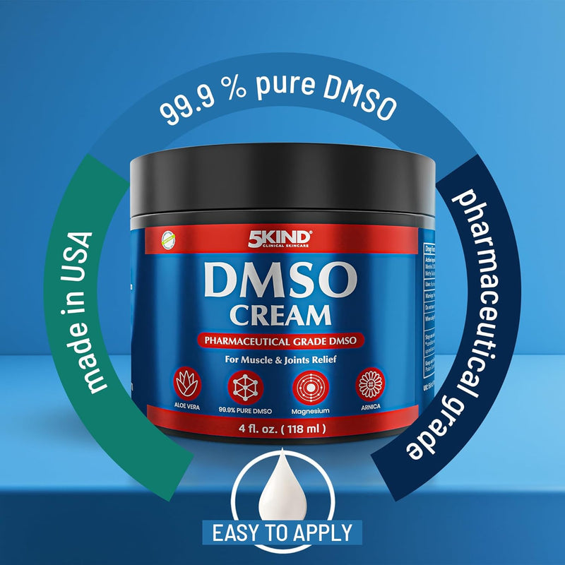 5Kind DMSO Cream for Pain Relief 4 fl oz - 99.9% Pure DMSO Pharmaceutical Grade Cream - Aloe Vera, Magnesium, Arnica & Menthol - Topical Muscle and Joint Pain Relief - Registered NDC - Made in USA Infinity Warehouse