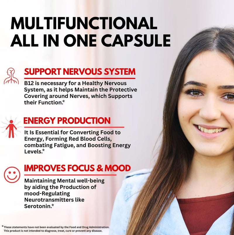 B12 with Hyaluronic Acid, Collagen and Folate – 25000 mcg B12 Complex | Maximize Absorption & Energy | Gluten Free USA Made, B1, B2, B3, B6, B7, B12 Vitamins 5000 mcg Methylcobalamin - 60 Capsules Infinity Warehouse