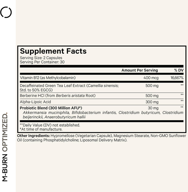 Codeage M-Burn Optimized Supplement - Decaffeinated Green Tea Std. to 50% EGCG, Berberine, Akkermansia, Vitamin B12 - Probiotics - Vitamins - 60 Capsules Infinity Warehouse