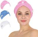 HALLEY Cotton Hair Towel Wrap (3 Packs) Super Absorbent Fast Drying Turbans for Thick, Wet Hair with Button (Black, Grey, Pink) Infinity Warehouse