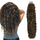 Ugeat Curly Double Sided Tape in Hair Extensions Real Remy Hair 22 Inch 50g 20 Pieces Kinky Curly Tape in Ombre Dark Brown Highlight Caramel Blonde Human Hair Tape in Extensions Seamless Hair Ugeat
